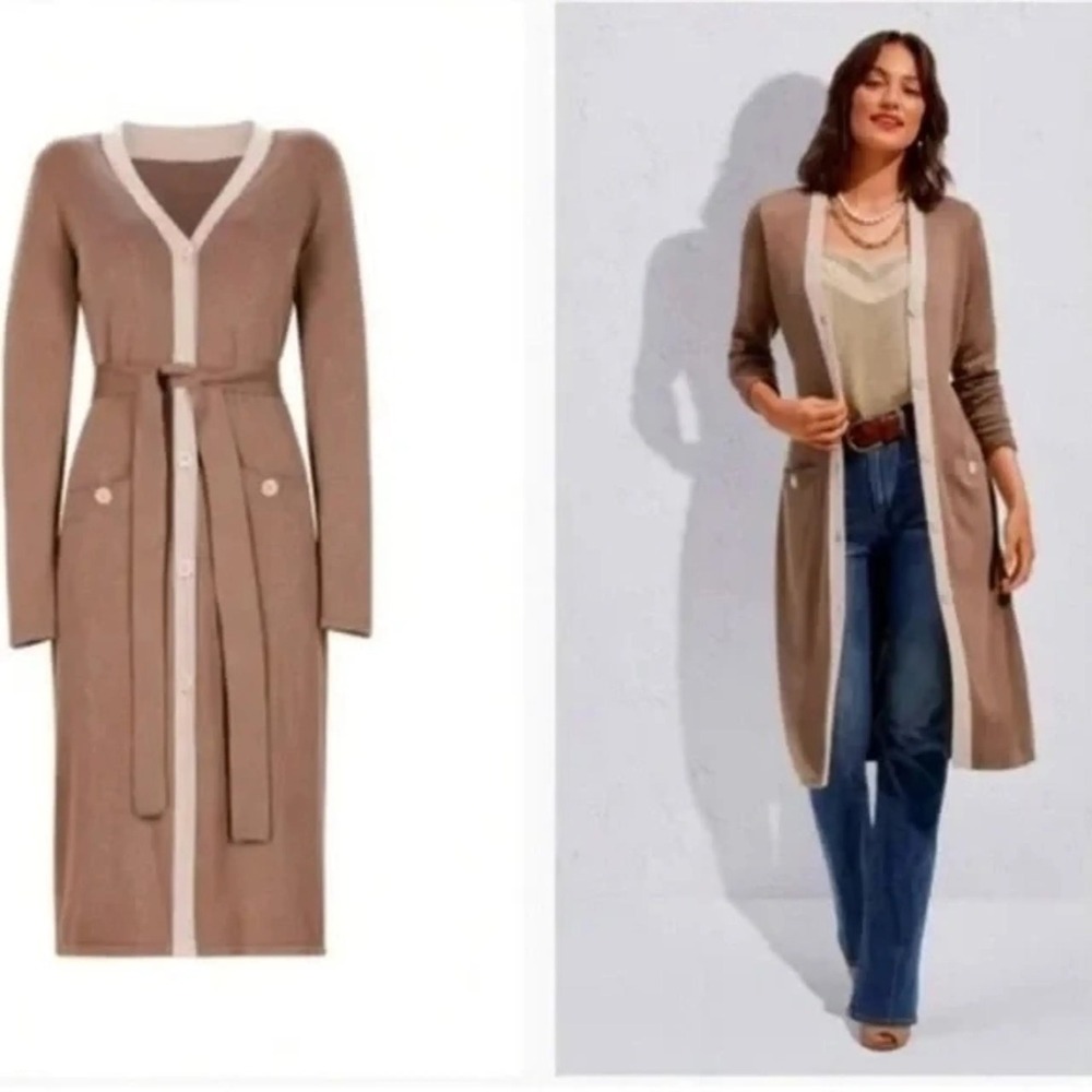 Cabi Mocha Brown Cream Genteel Trim Belted Longline Cardigan Sweater Dress SZ S